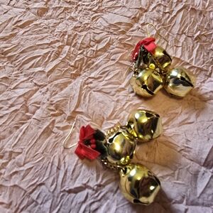Gold Bell Earrings with Red Bow